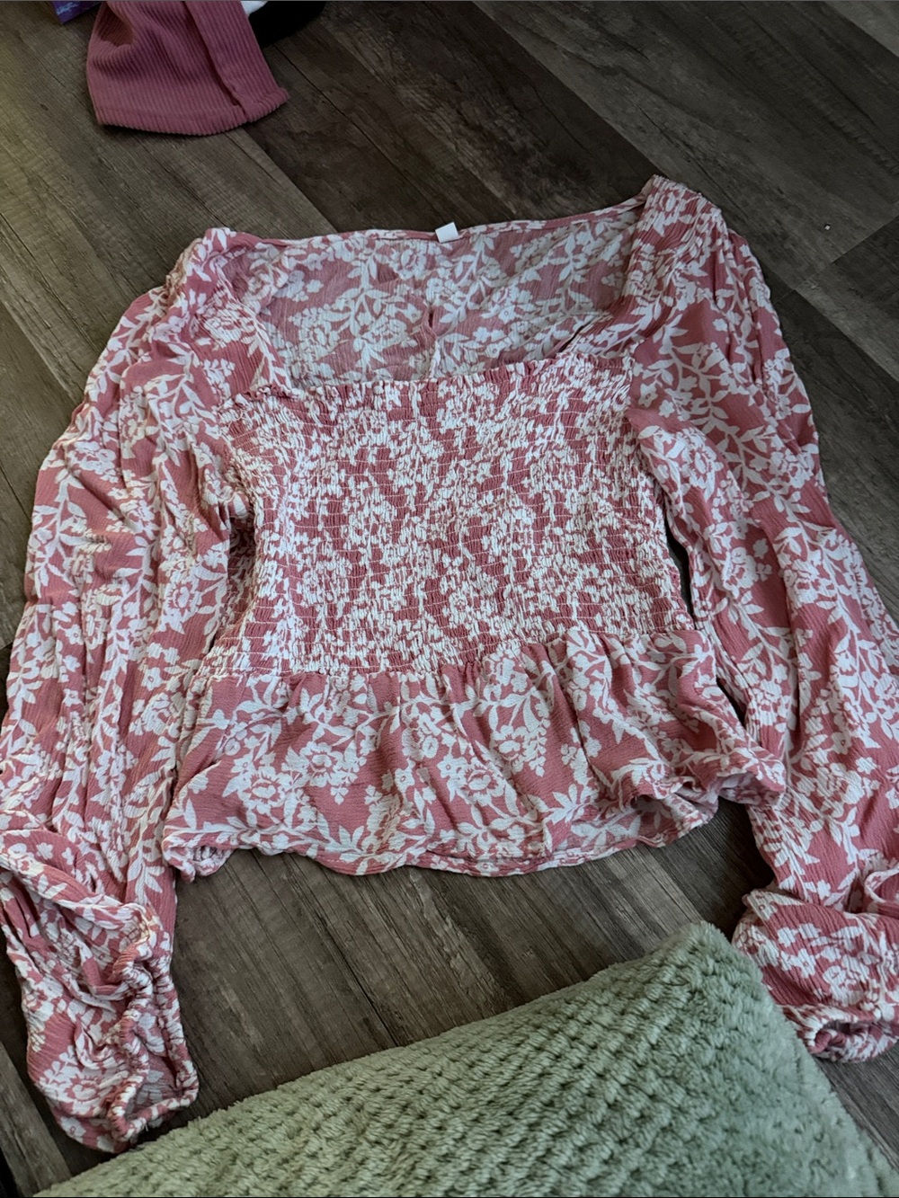 SHEIN Pink Floral Smocked Square-Neck Blouse
